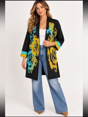 ESSITAM Cardigan Boho Soft Blck/Yellow/ Aqua  NWT